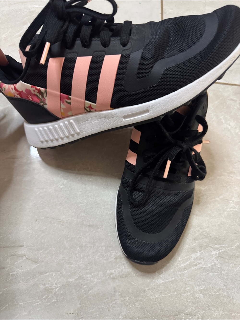 adidas Black Athletic Sneakers with Pink Stripes and Floral Heel